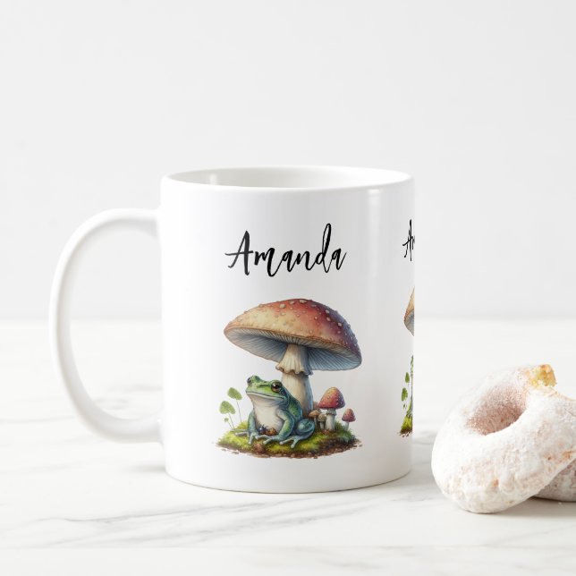 Frog Under a Mushroom Cute Nature Coffee Mug (With Donut)