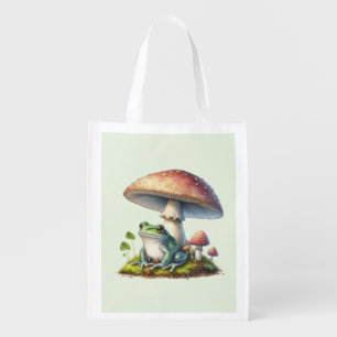 Frog Under a Mushroom Cute Nature Grocery Bag
