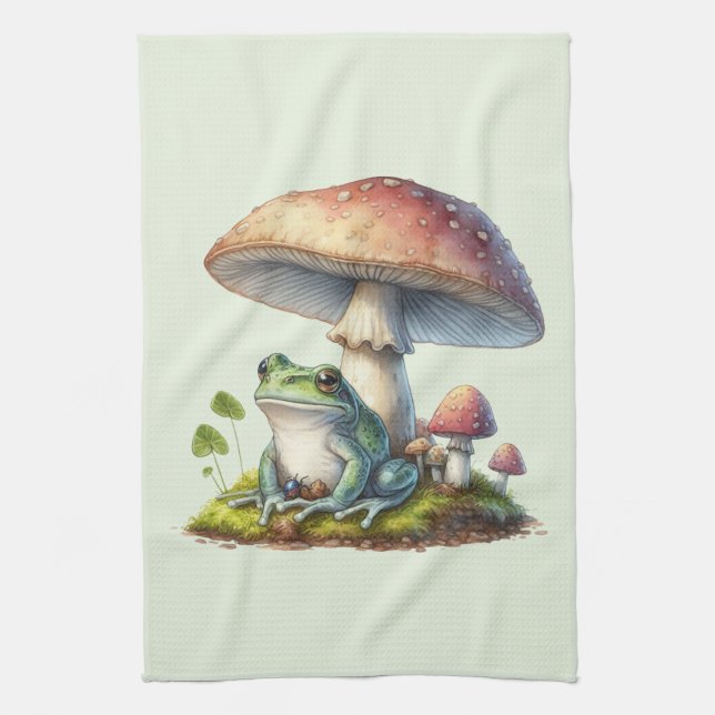Frog Under a Mushroom Cute Nature Kitchen Towel (Vertical)