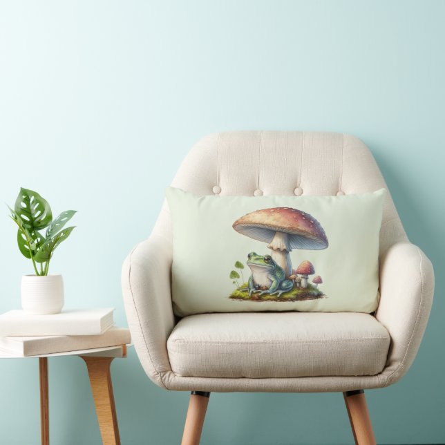 Frog Under a Mushroom Cute Nature Lumbar Pillow (Chair)