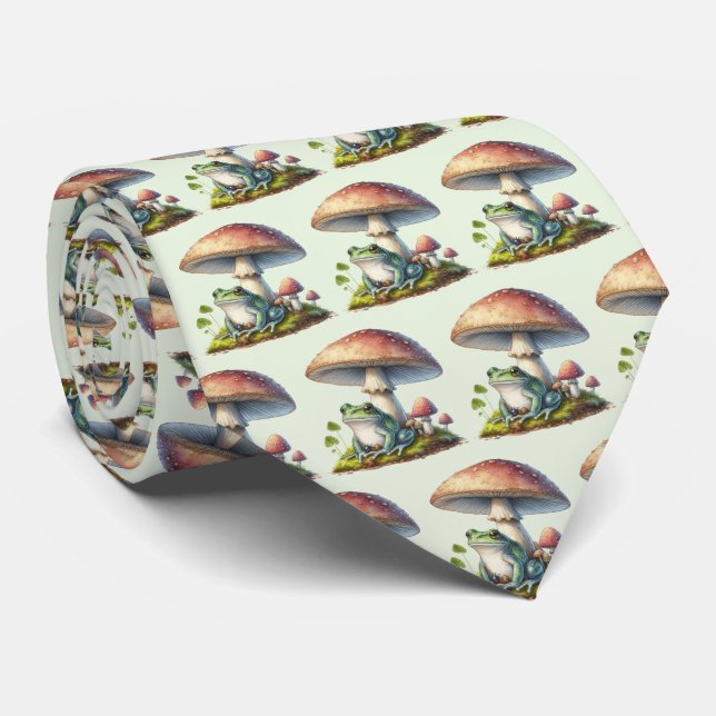 Frog Under a Mushroom Cute Nature Pattern Neck Tie (Rolled)