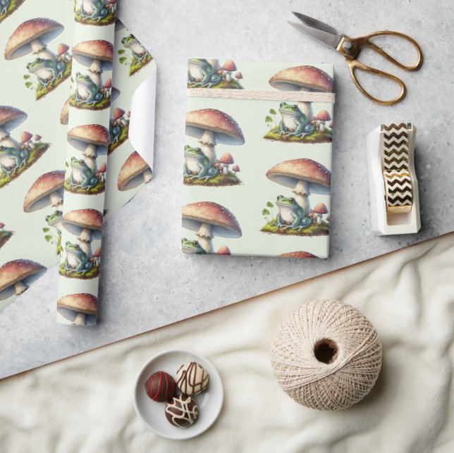 Frog Under a Mushroom Cute Nature Pattern Wrapping Paper (Crafts)
