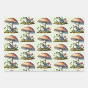 Frog Under a Mushroom Cute Nature Pattern Wrapping Paper Sheets