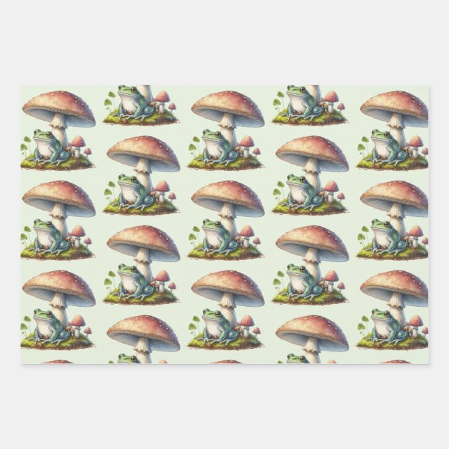 Frog Under a Mushroom Cute Nature Pattern Wrapping Paper Sheets (Front 3)