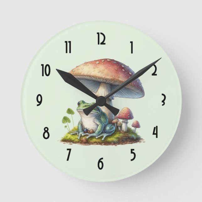 Frog Under a Mushroom Cute Nature Round Clock (Front)