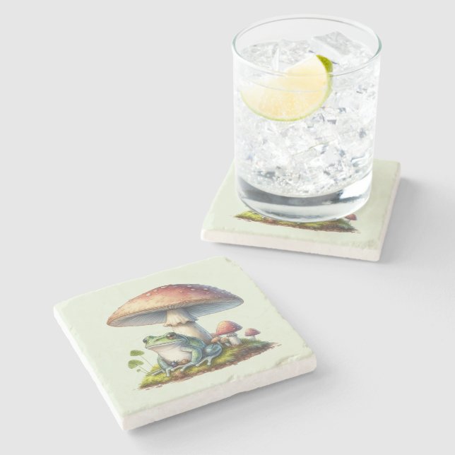 Frog Under a Mushroom Cute Nature Stone Coaster (Side)