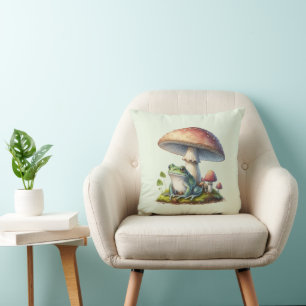 Frog Under a Mushroom Cute Nature Throw Pillow
