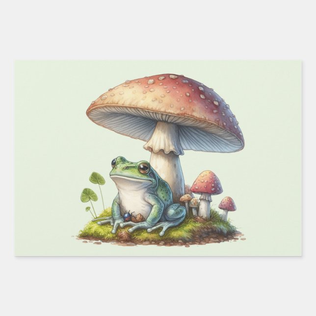 Frog Under a Mushroom Cute Nature Wrapping Paper Sheets (Front)