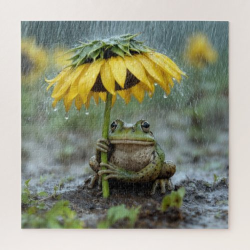 Frog Under a Sunflower Umbrella in Rain Jigsaw Puzzle