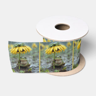 Frog Under a Sunflower Umbrella in Rain Satin Ribbon