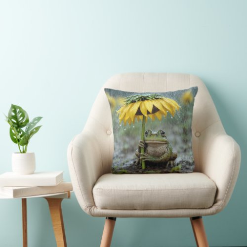 Frog Under a Sunflower Umbrella in Rain Throw Pillow