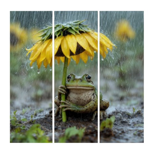 Frog Under a Sunflower Umbrella in Rain Triptych
