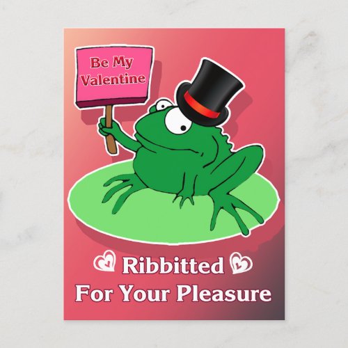 Frog Valentine in a top hat Be My Valentine Pink Postcard