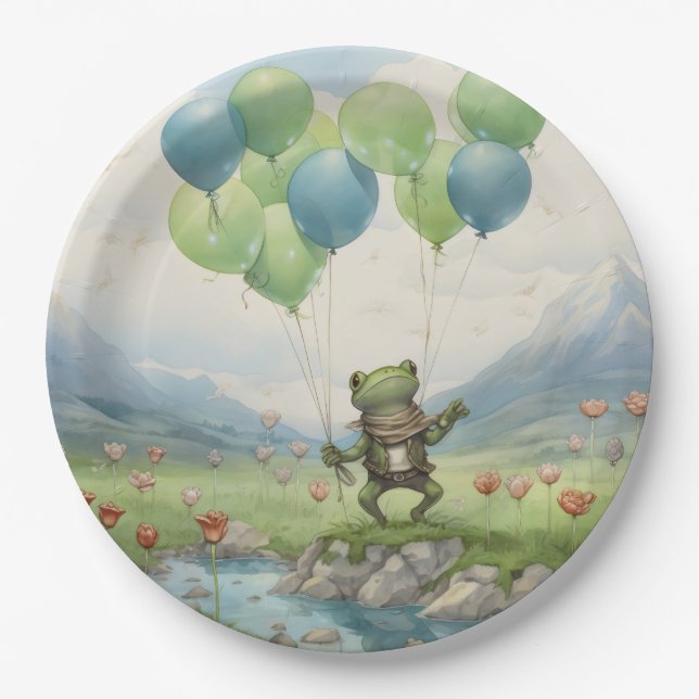 Frog Valley Balloon and Flowers Paper Plates (Front)