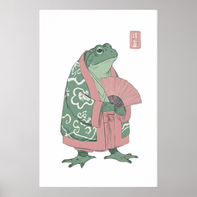 Frog Wall Art Print, Kimono and Fan Illustration (Front)