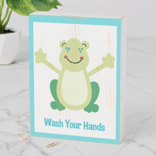Frog Wash Your Hands Kids Bathroom Art Wooden Box Sign