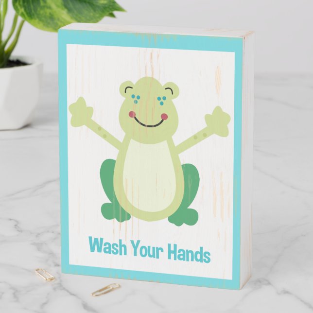 Frog Wash Your Hands Kids Bathroom Art Wooden Box Sign (In Situ Vertical)