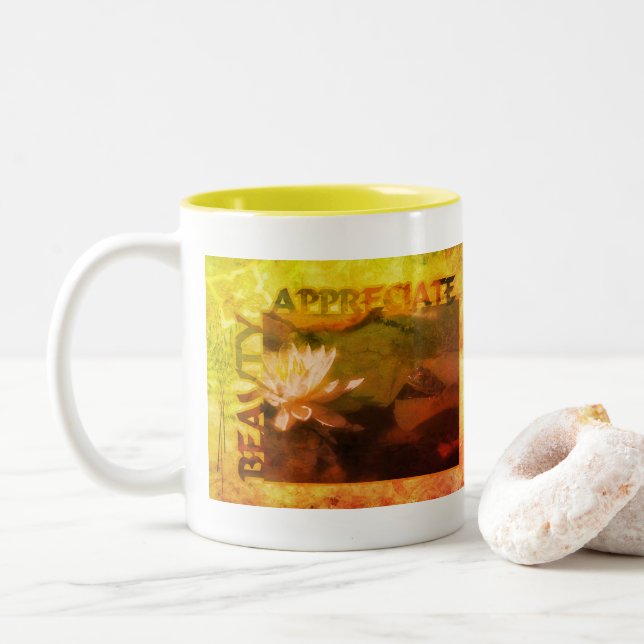 Frog Water Lily Appreciate Beauty Inspirational Two-Tone Coffee Mug (With Donut)