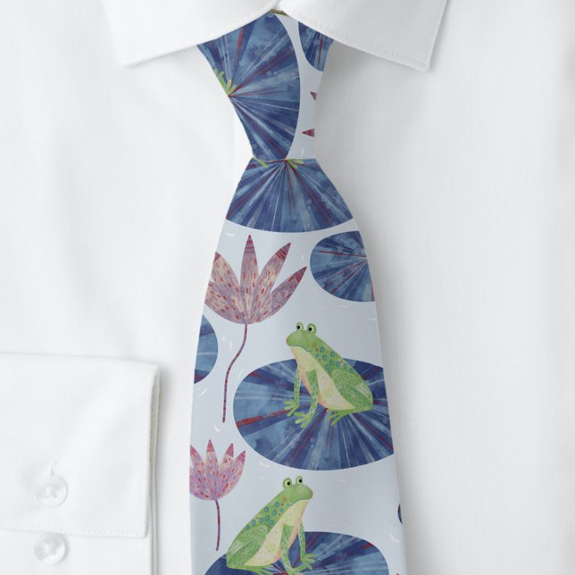 Frog Watercolor Blue Neck Tie (Fun frog themed blue watercolor art neck tie)