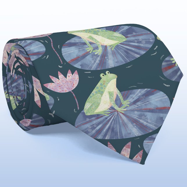 Frog Watercolor Dark Neck Tie (Fun frog themed watercolor art neck tie)