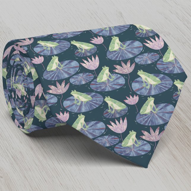 Frog Watercolor Dark Neck Tie (Fun frog on lily leaves neck tie for nature and amphibian lovers)