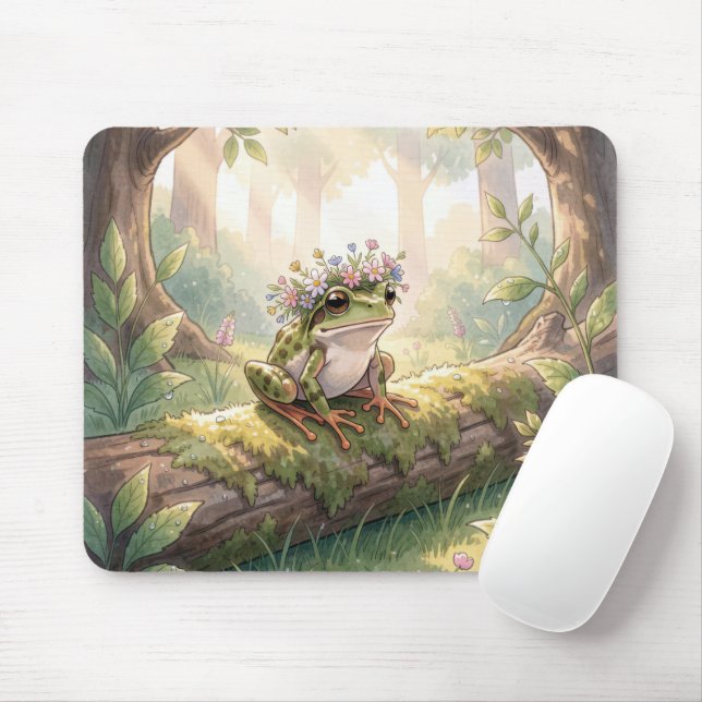 Frog Wearing a Floral Crown In Forest Mouse Pad (With Mouse)