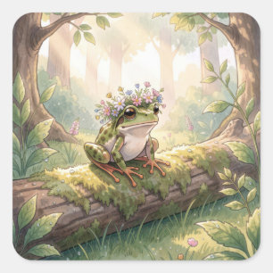 Frog Wearing a Floral Crown In Forest Square Sticker