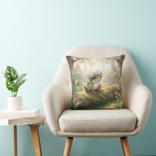 Frog Wearing a Floral Crown In Forest Throw Pillow