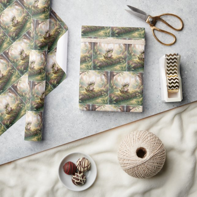 Frog Wearing a Floral Crown In Forest Wrapping Paper (Crafts)