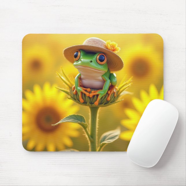 Frog Wearing a Straw Hat On a Sunflower Bud Mouse Pad (With Mouse)