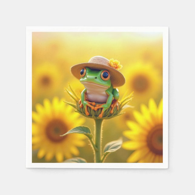 Frog Wearing a Straw Hat On a Sunflower Bud Napkins (Front)
