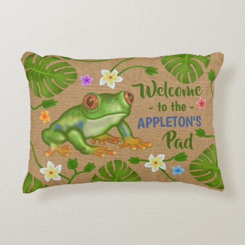 Frog Welcome to Our Pad Tropical Personalized Name Accent Pillow