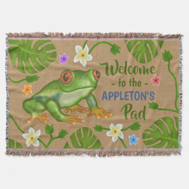Frog Welcome to Our Pad Tropical Personalized Name Throw Blanket (Front)