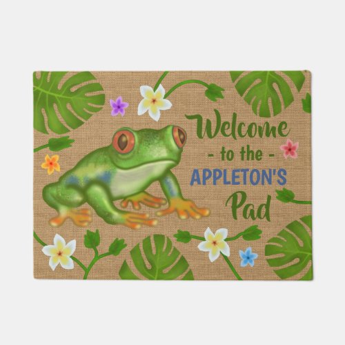 Frog Welcome to the Pad Tropical Personalized Name Doormat