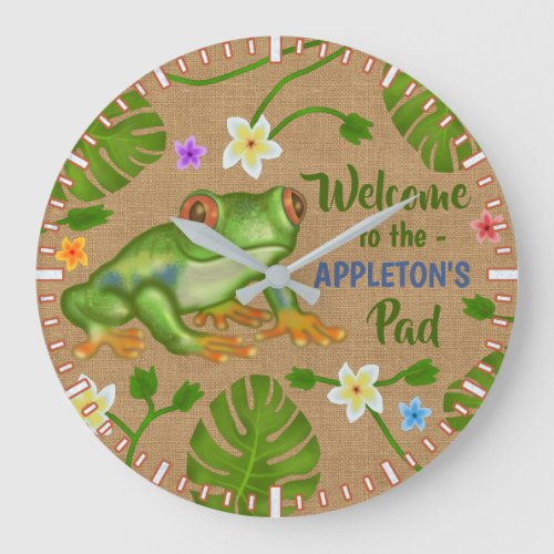 Frog Welcome to the Pad Tropical Personalized Name Large Clock