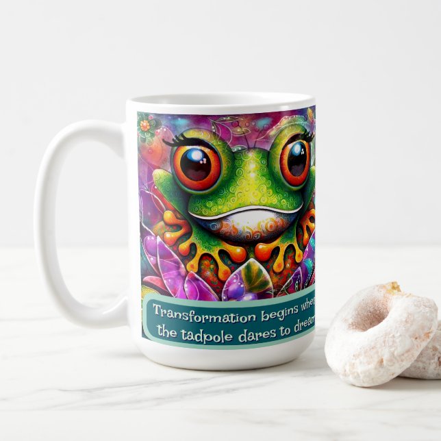 Frog Whimsical Abstract Art Floral Personalized Coffee Mug (With Donut)