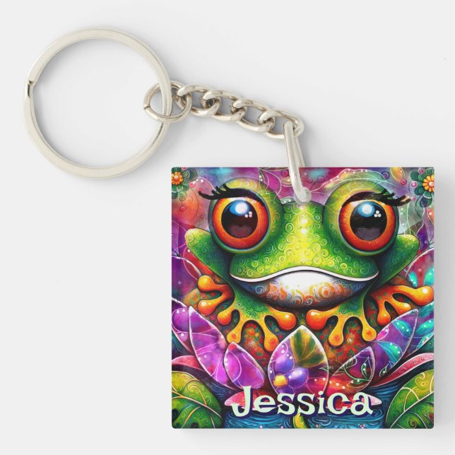 Frog Whimsical Abstract Art Floral Personalized Keychain (Front)