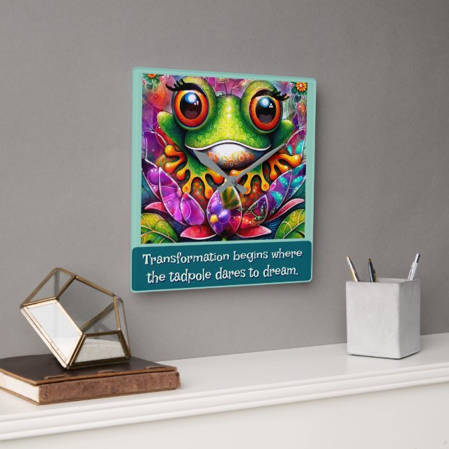 Frog Whimsical Abstract Art Floral Personalized Square Wall Clock (Office)