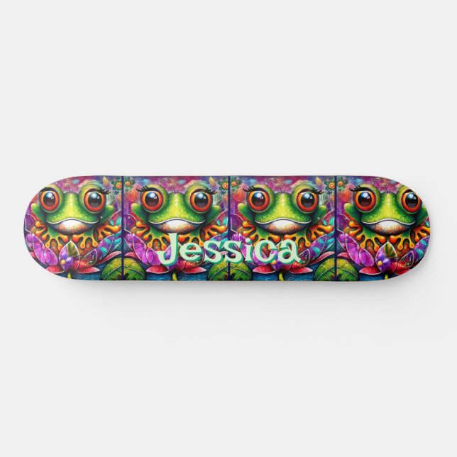 Frog Whimsical Abstract Floral Frogs Personalized Skateboard (Horz)