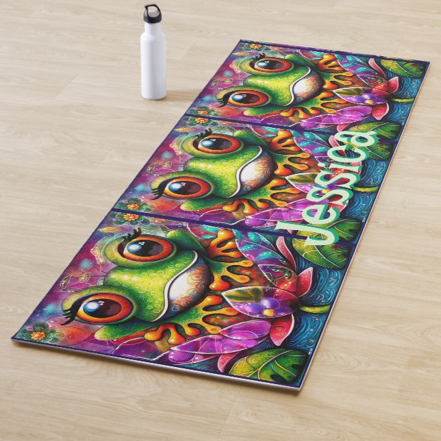 Frog Whimsical Abstract Floral Frogs Personalized Yoga Mat (In Situ)