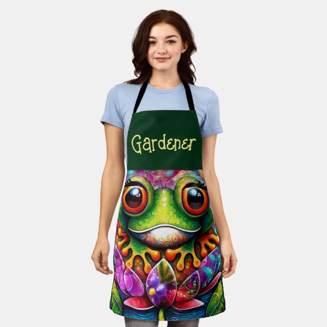 Frog Whimsical Abstract Floral Green Personalized Apron (Worn)