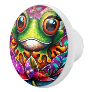 Frog Whimsical Abstract Painting Art Floral Green Ceramic Knob