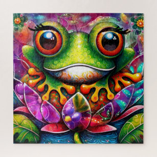 Frog Whimsical Abstract Painting Art Floral Green Jigsaw Puzzle