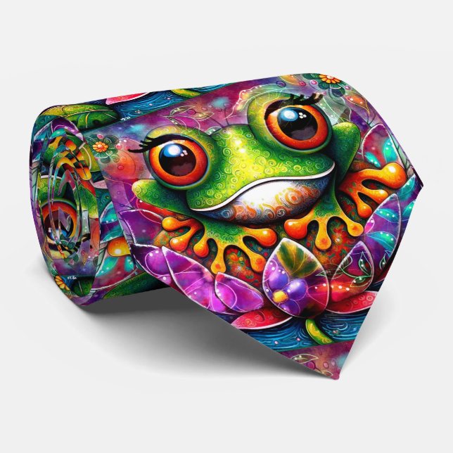 Frog Whimsical Abstract Painting Art Floral Green Neck Tie (Rolled)
