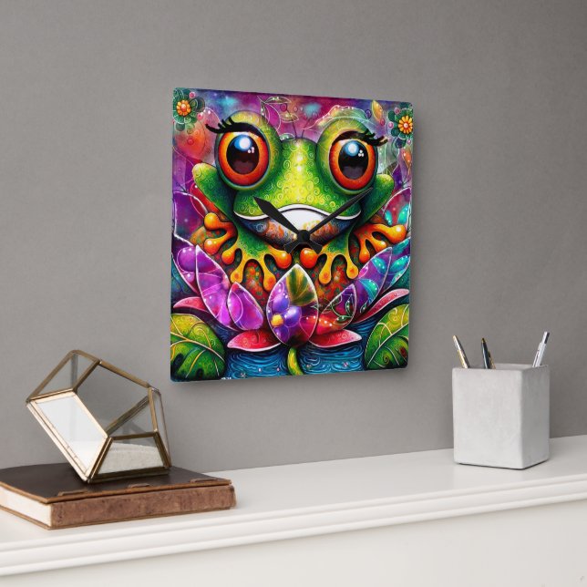 Frog Whimsical Abstract Painting Art Floral Green Square Wall Clock (Office)