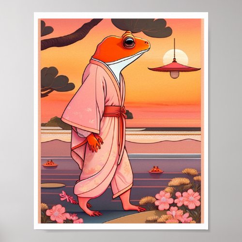  frog with a human body wearing a soft pink yukata poster