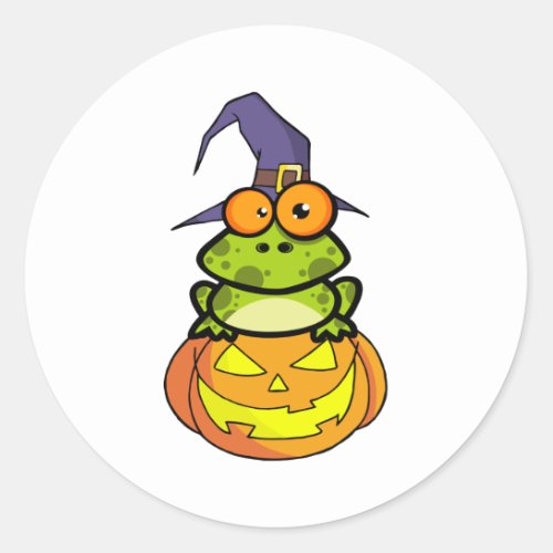 Frog With A Witch Hat In Pumpkin Classic Round Sticker