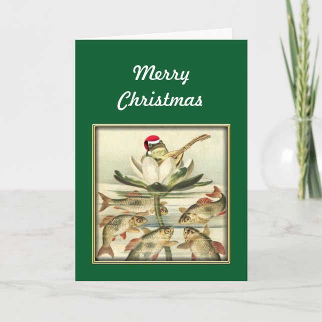 Frog with Banjo Singing Merry Christmas Holiday Card (Front)