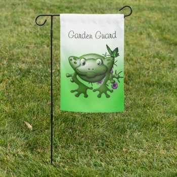 Frog With Butterfly On Guard Duty Garden Flag by colorwash at Zazzle