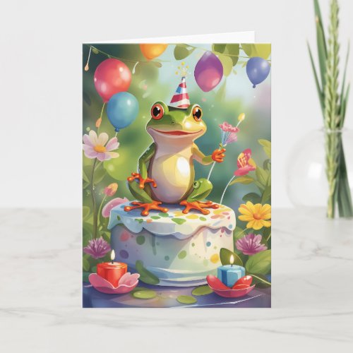 Frog with cake candles and balloons card